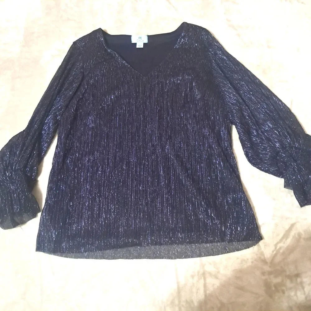CeCe Womens Navy Blue Metallic Shimmer Blouse Large V Neck Long Sleeve Dress Top